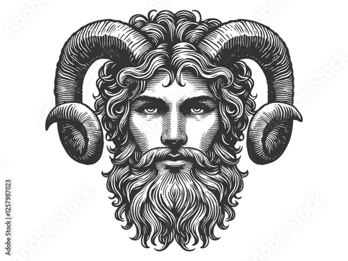 man with flowing hair, a thick beard, and majestic ram horns, embodying mythological symbolism sketch engraving generative ai vector illustration. Scratch board imitation. Black and white image.