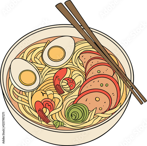  Colorful Ramen Bowl and Chopsticks Vector with Eggs, Meat, Shrimps & Vegetables Vector Illustration isolated on white background