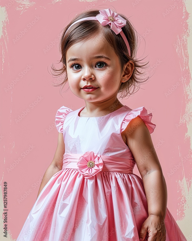 Toddler woman in a pastel pink party dress plain pastel pink background blonde background illustration portrait 3D Toddler woman in a pastel pink party dress plain pastel pink background blonde background illustration portrait 3D