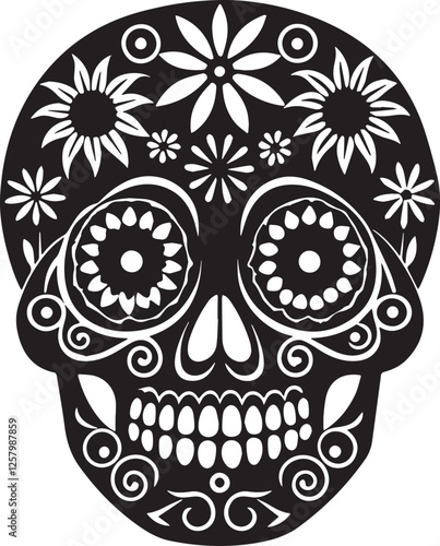 Floral Catrina Silhouette: Intricate Black Sugar Skull Design for Día de los Muertos