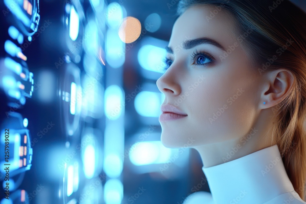 Obraz premium Young Woman Contemplating Complex Digital Patterns