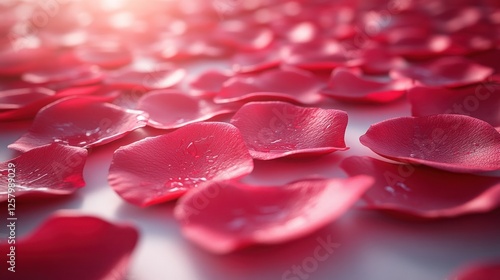 Close-up of shimmering red rose petals scattered elegantly on a soft surface, capturing a romantic ambiance