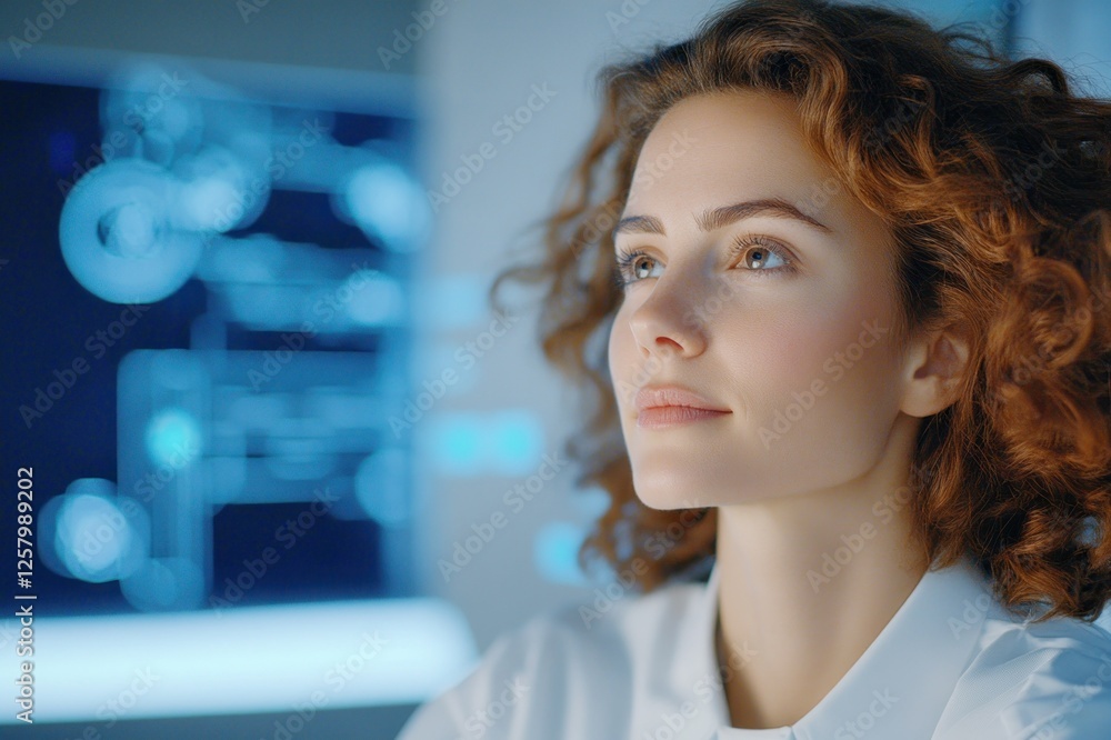 Curly-Haired Woman With A Pensive Look At Tech Screens Curly-Haired Woman With A Pensive Look At Tech Screens