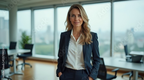 Confident Businesswoman in Stylish Suit Standing in Modern Office with City View Free Download Confident Businesswoman in Stylish Suit Standing in Modern Office with City View - GFXLoad