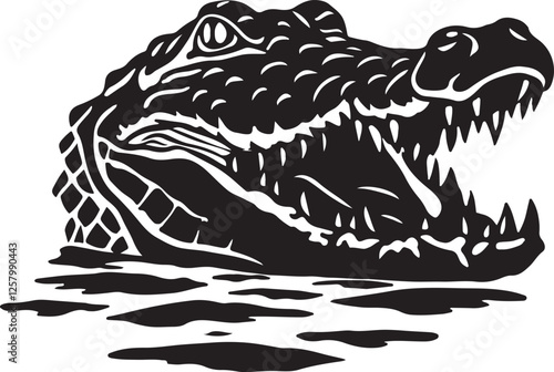 Large alligator head in water vector Silhouette isolated with white background.