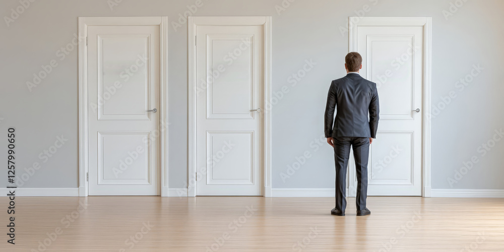 Minimalist concept of professional uncertainty as a businessman contemplates which door to open, symbolizing various job opportunities. Minimalist concept of professional uncertainty as a businessman contemplates which door to open, symbolizing various job opportunities.
