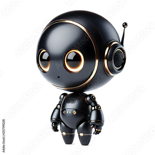 Cute 3D Black Robot AI with Golden Eyes and Side View isolated on white background