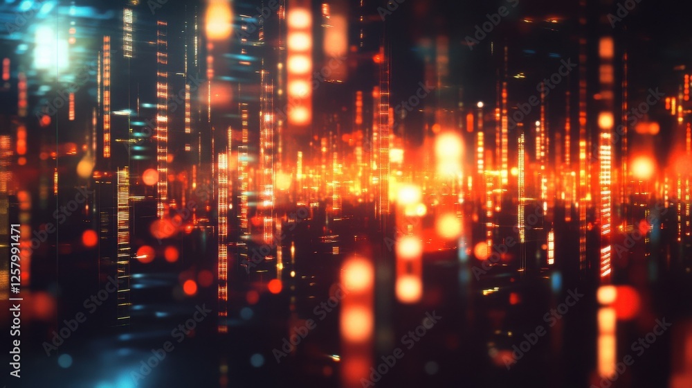 Obraz premium Abstract glowing big data forex candlestick chart on blurry city backdrop. Trade, technology, investment and analysis concept. Double exposure