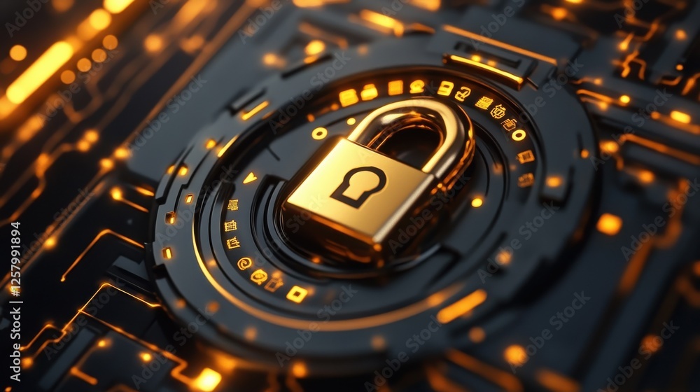 Black and gold security padlock, password security, and ID by safe technology to protect confidential data Black and gold security padlock, password security, and ID by safe technology to protect confidential data