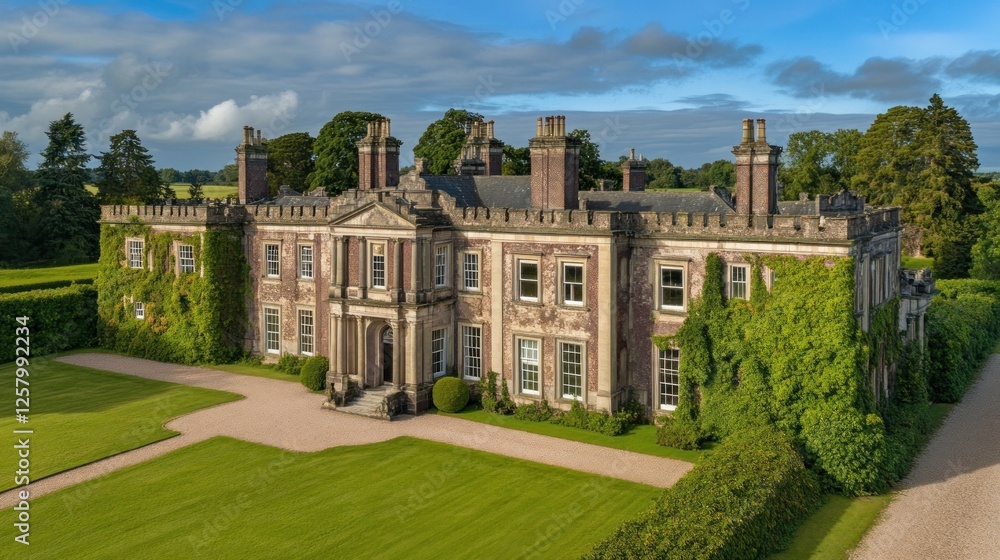 Obraz premium Elegant historic mansion surrounded by lush greenery and sky