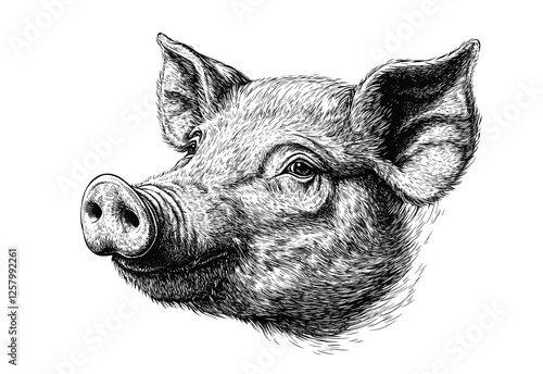 Wallpaper Mural Pig, hog, boar. Vintage retro print, black white pig sketch ink pencil style drawing, linear drawing, engrave old school. Sketch artwork silhouette pig, hog, boar. Side view profile. Illustration Torontodigital.ca