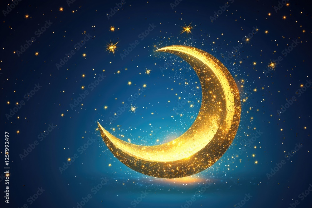 Naklejka premium Night scene with crescent moon and sparkling stars