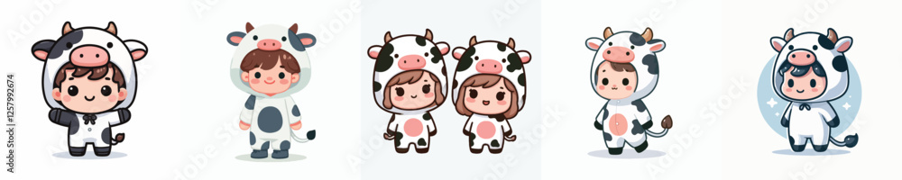 Fototapeta premium vector of little boy wearing cute cow costume