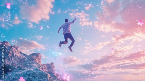 Wallpaper Mural Businessman jumping from 2021 cliff to 2022 New Year on beautiful sky background. Gap, leap, risk, challenge and success concept Torontodigital.ca