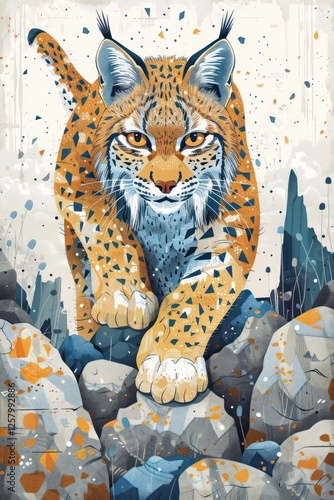 A stylized illustration of a lynx prowling over rocky terrain with vibrant colors.