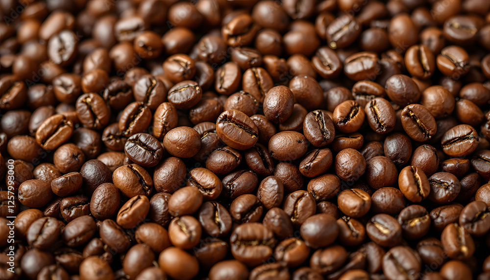 Obraz premium Close-up of roasted coffee beans. A close-up view of many roasted coffee beans. suitable for wallpaper or background coffee