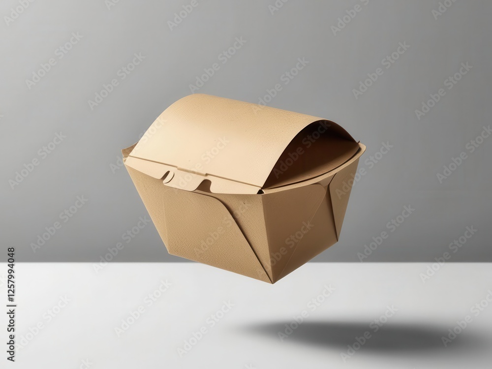 A minimalist, floating takeout box design on a clean surface with neutral background. A minimalist, floating takeout box design on a clean surface with neutral background.