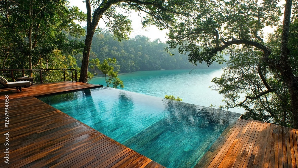 Obraz premium Infinity Pool Overlooking Serene Bay: Tranquil Getaway in Lush Tropical Landscape