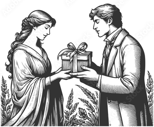 couple, dressed formally, exchanging a wrapped gift, symbolizing love and celebration sketch engraving generative ai vector illustration. Scratch board imitation. Black and white image.