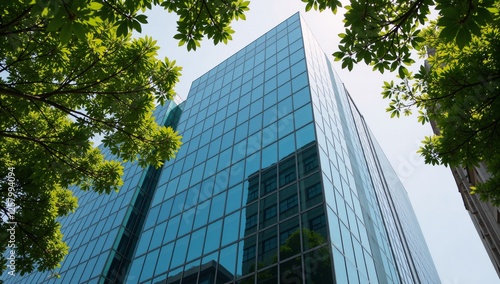 Urban environment featuring corporate glass building surrounded by green trees as symbol of ESG sustainability practices and corporate responsibility photo