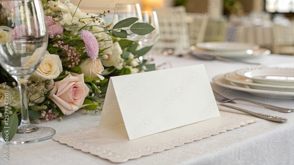 Paper Table Card Horizontal. Wedding Table Setting with Flowers.
Paper Table Card Horizontal. Wedding Table Setting with Flowers.