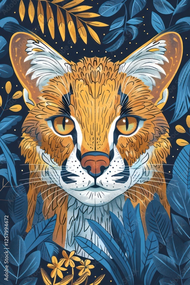 Obraz premium A stylized illustration of a fox's face surrounded by vibrant foliage.