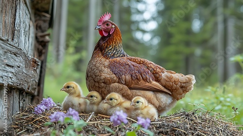 Peaceful farmyard with a mother hen protecting her chicks near a haystack