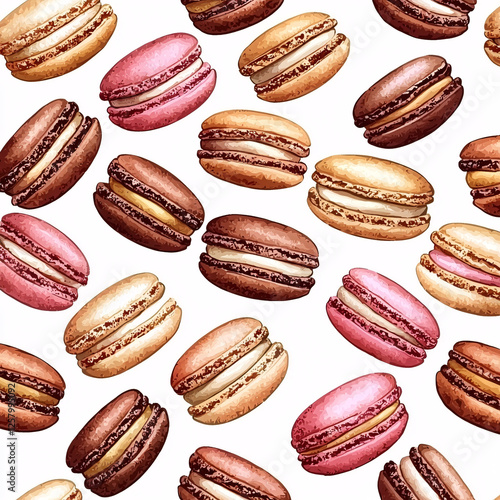 Wallpaper Mural A seamless pattern showcases watercolor-style macarons in pink, tan, and brown on a white background. Torontodigital.ca
