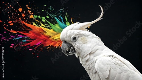 White parrot with yellow crest on a branch in a dark background, showcasing its beak and feathers in a natural tropical wildlife setting photo