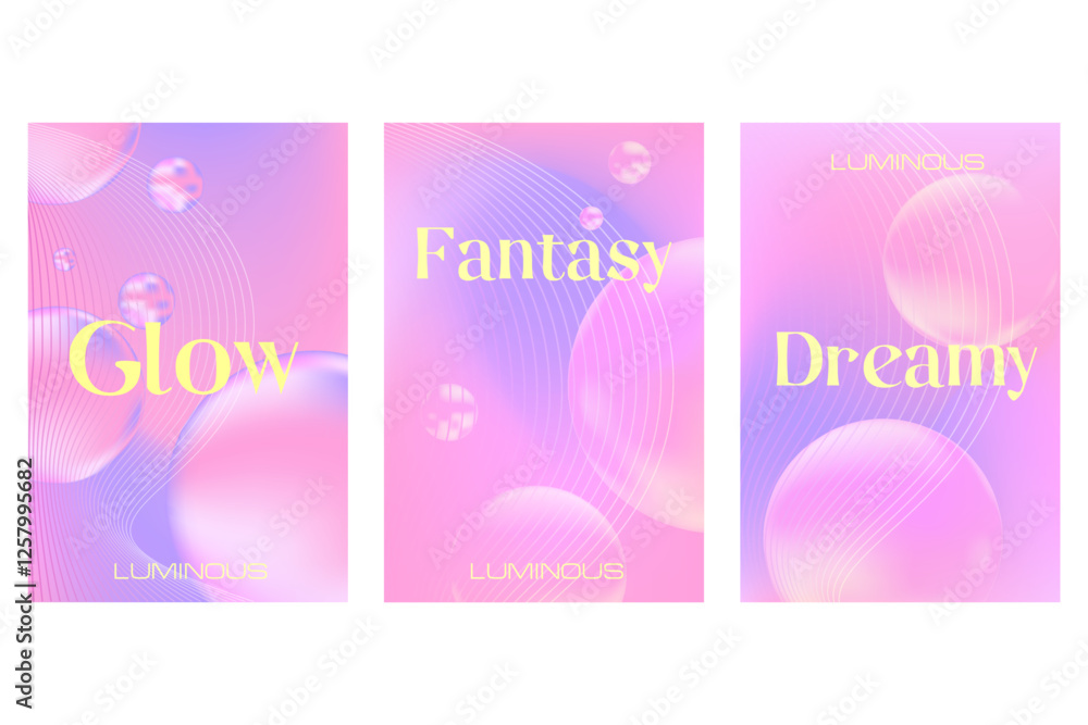 Abstract iridescent lavender color, fantasy bubbles poster set with smooth blur gradient texture, glowing 3d fluid sphere blobs. Cute futuristic liquid background with copy space. Cosmetic technology Abstract iridescent lavender color, fantasy bubbles poster set with smooth blur gradient texture, glowing 3d fluid sphere blobs. Cute futuristic liquid background with copy space. Cosmetic technology