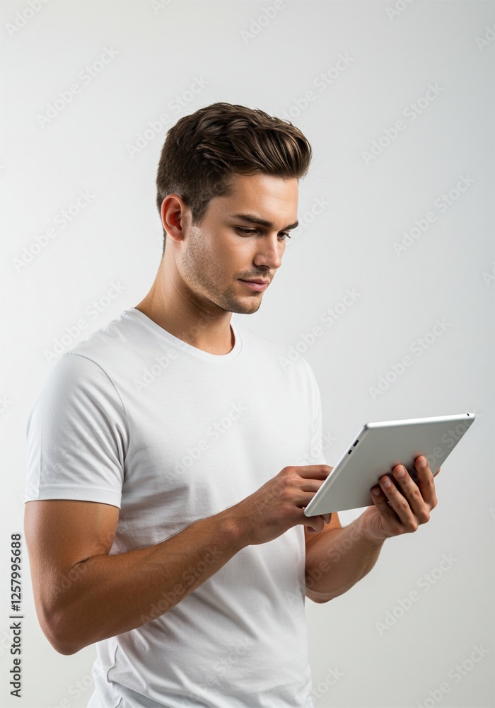 Happy young man using digital tablet wearing plain t-shirt isolated on white background . Ai generative 