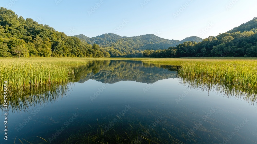 Serene mountain lake reflection, tranquil nature scene, ideal for travel or nature documentaries Serene mountain lake reflection, tranquil nature scene, ideal for travel or nature documentaries
