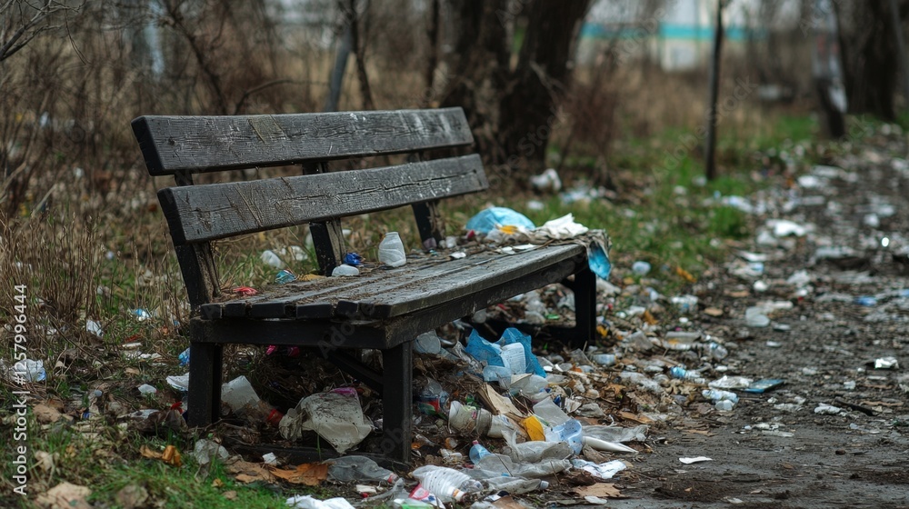 Urban Decay: A Park Bench Overwhelmed by Litter Urban Decay: A Park Bench Overwhelmed by Litter