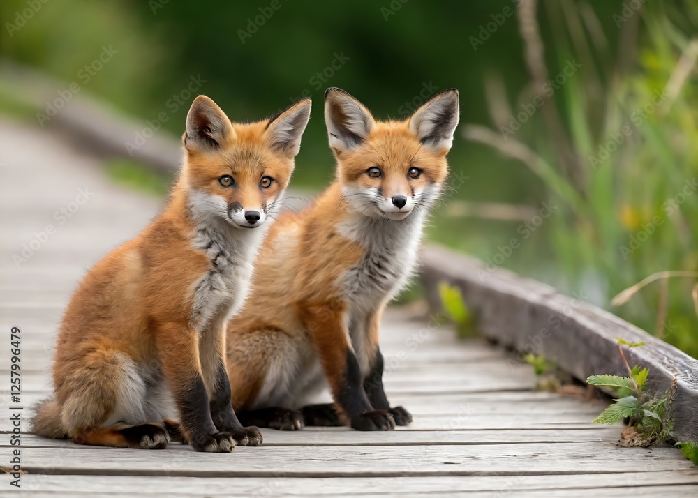Fototapeta premium Curious Fox Kits: Two adorable red fox kits with bright eyes and fluffy tails sit side-by-side on a wooden bridge, curiously watching the world go by.