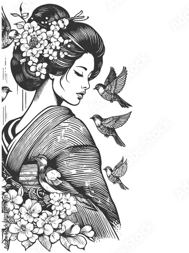 geisha in traditional attire, surrounded by cherry blossoms and flying birds in a serene scene sketch engraving generative ai vector illustration. Scratch board imitation. Black and white image.