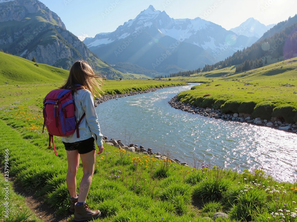 Naklejka premium Young woman with long hair and backpack on her back on a trail near a river hiking in spring mountains