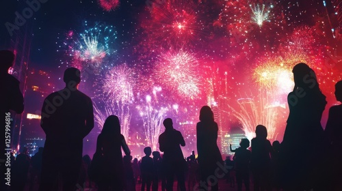 City fireworks. People celebrate on street and watching fireworks. Happy vector men women child, night pyrotechnic show in downtown