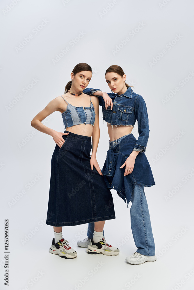 Beautiful twin sisters showcasing unique denim styles in a modern setting Beautiful twin sisters showcasing unique denim styles in a modern setting