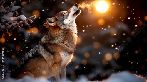 Winter's ballad, a lone wolf's howl beneath the auroral snowfall glow photo