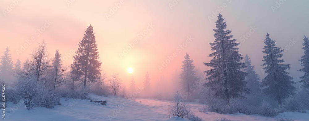 A winter landscape with snow, trees, and fog, a gradient sky, pastel colors, a panoramic view, photorealistic A winter landscape with snow, trees, and fog, a gradient sky, pastel colors, a panoramic view, photorealistic