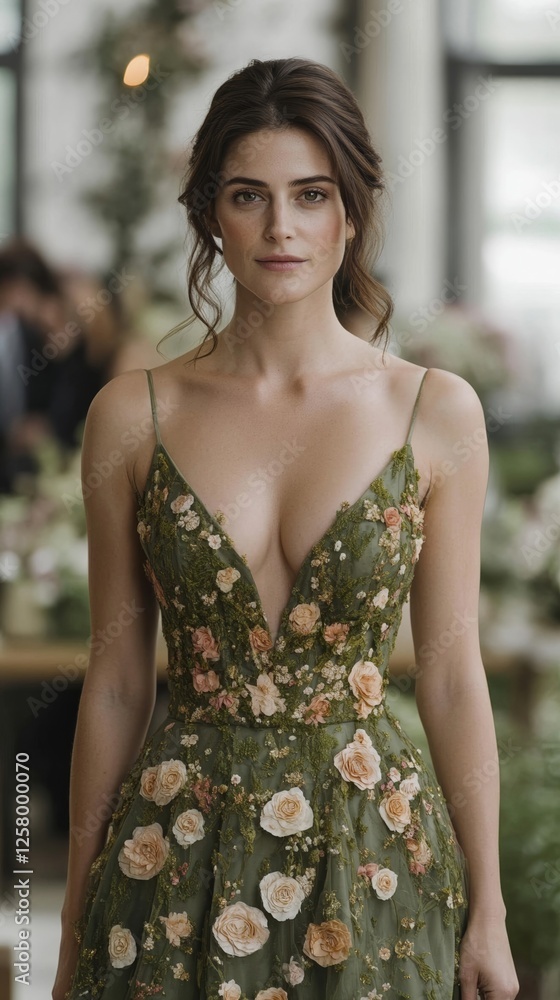 Fototapeta premium Elegant Breezy sage green dress covered in hand painted floral designs displayed on a mannequin against a light garden inspired backdrop spring elegance