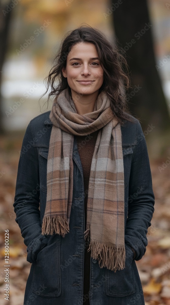 Elegant Button front denim dress paired with a plaid scarf and brown boots set against a backdrop of fallen autumn leaves cozy seasonal style Elegant Button front denim dress paired with a plaid scarf and brown boots set against a backdrop of fallen autumn leaves cozy seasonal style