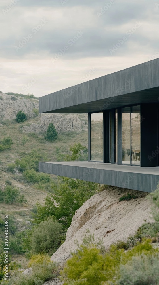 Elegant Compact fireproof home with metal siding and concrete walls located on a charred hillside after a wildfire minimalist survival design Elegant Compact fireproof home with metal siding and concrete walls located on a charred hillside after a wildfire minimalist survival design