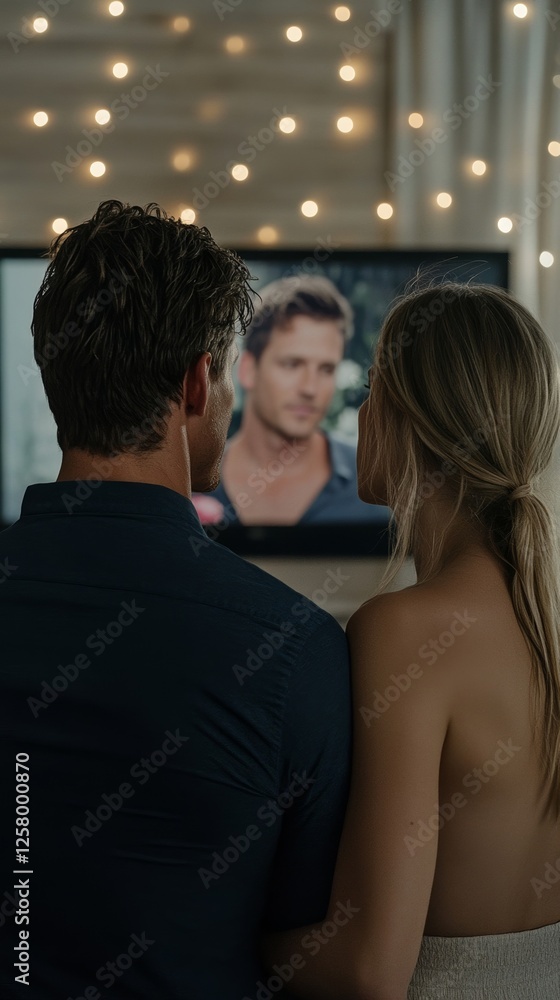 Obraz premium Elegant Cozy living room decorated with rose themed cushions string lights and a glowing TV showing the Bachelor premiere night setup romantic ambiance 