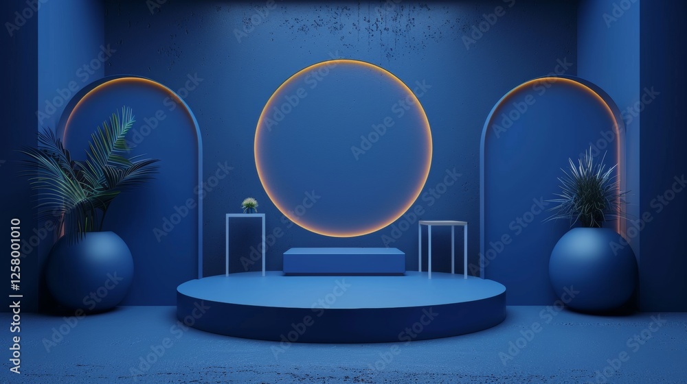 Modern Blue Interior with Round Backdrop and Decorative Elements Modern Blue Interior with Round Backdrop and Decorative Elements