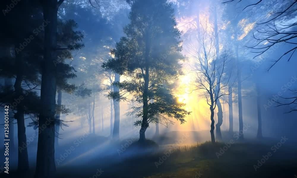 Sun rays pierce misty forest at dawn. Peaceful nature scene, ideal for serenity themes Sun rays pierce misty forest at dawn. Peaceful nature scene, ideal for serenity themes