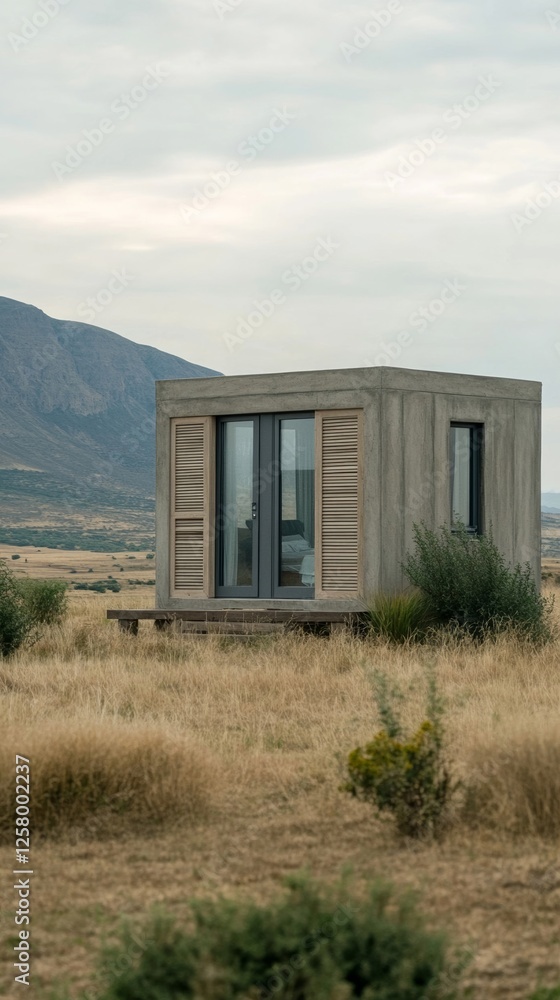 Elegant Fireproof tiny home with concrete siding heat resistant shutters and reflective roofing sitting safely in a dry grassy field eco friendly safety Elegant Fireproof tiny home with concrete siding heat resistant shutters and reflective roofing sitting safely in a dry grassy field eco friendly safety