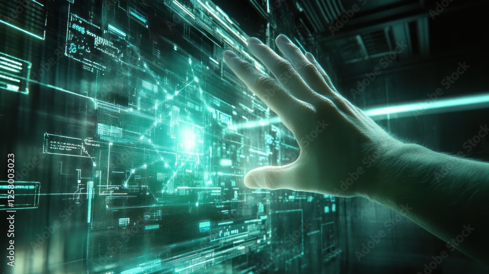Futuristic hand interacting with glowing digital interface Futuristic hand interacting with glowing digital interface