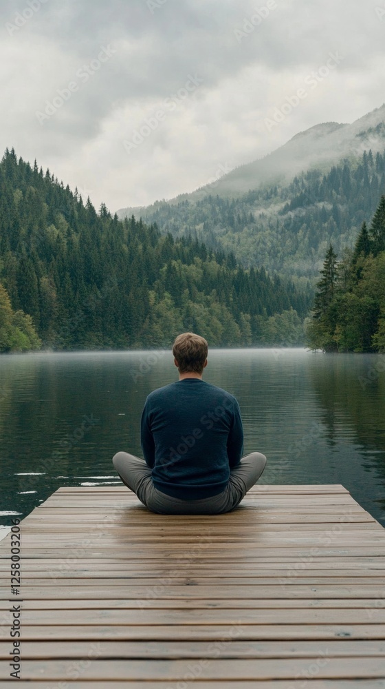 Elegant Lakefront meditation deck with wooden seating surrounded by foggy water and dense forest creating a tranquil and reflective setting mindful retreat Elegant Lakefront meditation deck with wooden seating surrounded by foggy water and dense forest creating a tranquil and reflective setting mindful retreat
