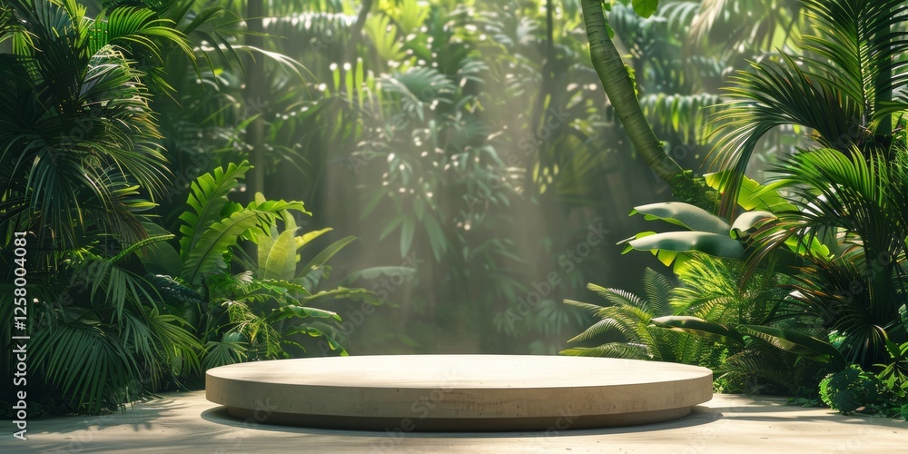 Serene Jungle Platform Surrounded By Lush Greenery and Light Rays Serene Jungle Platform Surrounded By Lush Greenery and Light Rays
